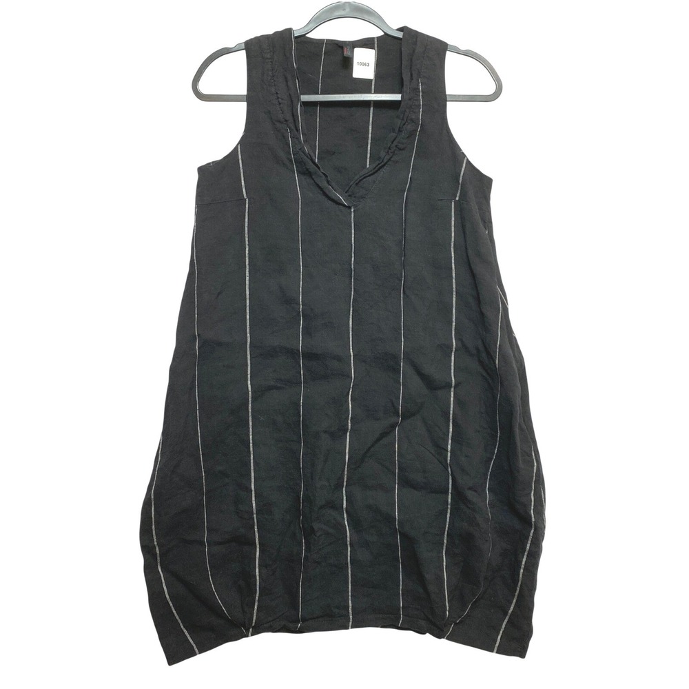 Inizio Made in Italy Black Striped 100% Linen Sleeveless Lagenlook Dress Womens